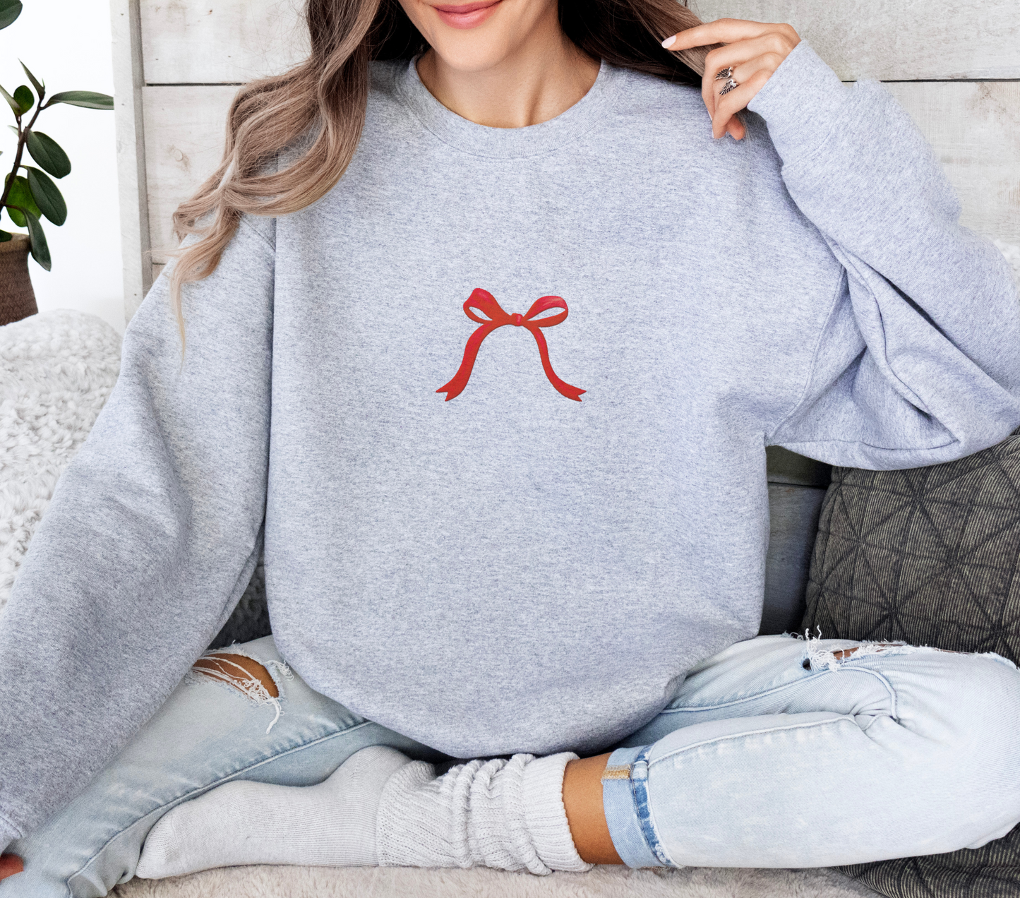 Embroidered Holiday Red Bow Sweatshirt